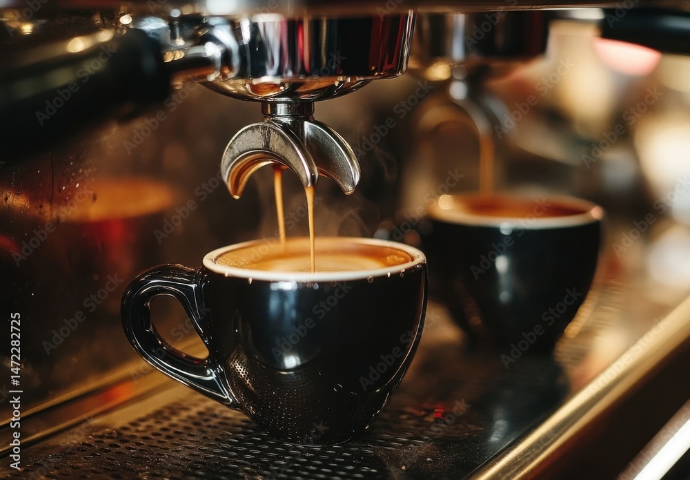 Poster espresso machine pouring rich, dark coffee into a small black cup, creating a warm, inviting atmosph