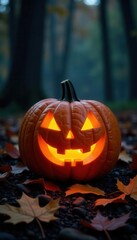 Obraz premium Glowing jack-o'-lantern amidst autumn leaves in a dark forest , creepy, festive, dark
