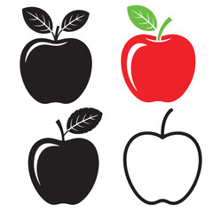 Apple Icon Set Red Black White Outline Graphic Design Element, Apple Icons Set Outline Black Red Green Variations, Black Apple Silhouettes