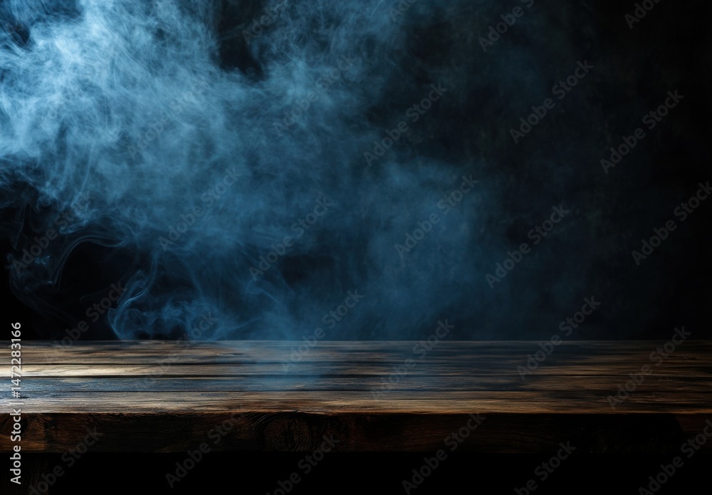 Poster dark wooden table with blue smoke rising in the background, creating a mysterious and moody atmosphe