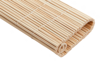 Rolled bamboo mat on a black background, showcasing its texture and natural fibers. Png, Transparent background.