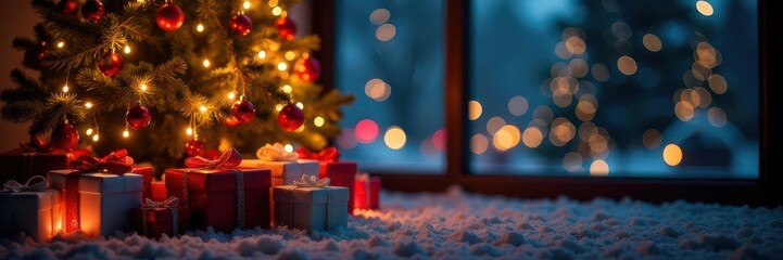 Ornate screen, glowing lights, piled presents, Christmas tree , festive decor, christmas background, gifts