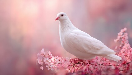 Obraz premium Serene white dove perched gracefully on delicate pink cherry blossoms, bathed in soft, pastel light. A symbol of peace and spring. : Generative AI