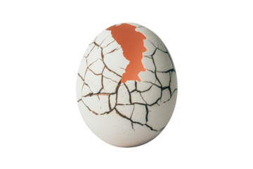 Cracked egg with a vibrant orange patch revealing the interior. Png, Transparent background.