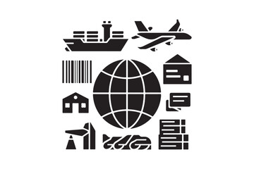 Global Logistics and Supply Chain Vector Icons Shipping, Transport, Trade Symbol Set