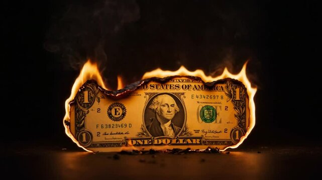Burning one dollar bill showing financial crisis and economic risk