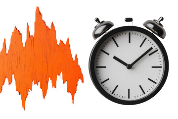 Clock with alarm bells and an audio waveform graphic. Png, Transparent background.