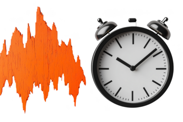 Clock with alarm bells and an audio waveform graphic. Png, Transparent background.