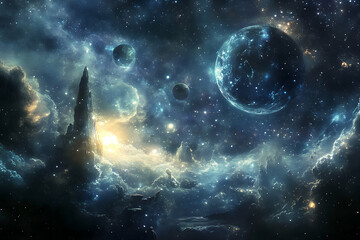 Obraz premium Cosmic Landscape with Stars, Planets, and Nebulae in Night Sky