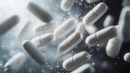An elegant, cinematic macro view of paracetamol tablets dissolving in the stomach.