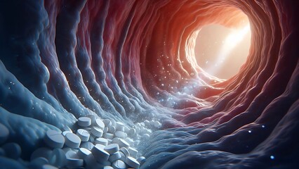 An elegant, cinematic macro view of paracetamol tablets dissolving in the stomach.