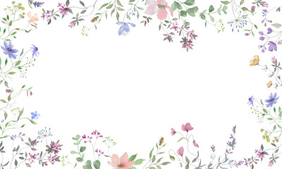 Watercolor floral frame with delicate wildflowers. For invitations, greeting cards. Hand drawn illustration. Vector EPS.