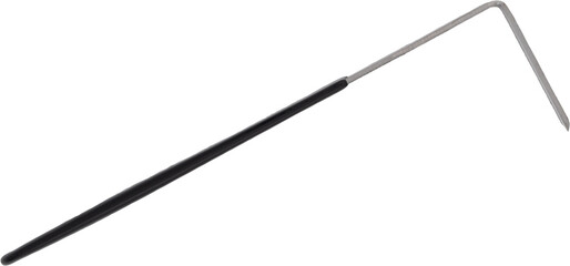 A slanted square-blade pottery tool with long black handle on white background