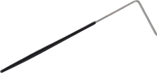 A slanted square-blade pottery tool with long black handle on white background