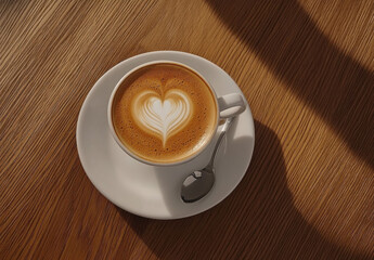 Obraz premium Aromatic latte art in a white cup, heart-shaped foam design, sits on a warm wooden table bathed in sunlight. : Generative AI