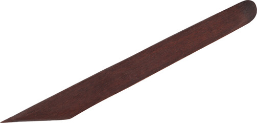 A wooden pottery knife tool with sharp angled tip for shaping and cutting clay
