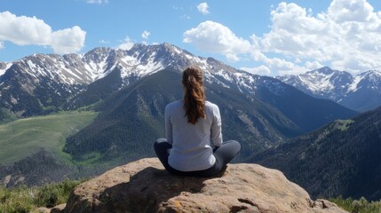 Naklejka premium Woman meditates on a mountaintop, overlooking a breathtaking vista of snow-capped peaks and lush green valleys under a vibrant blue sky. : Generative AI
