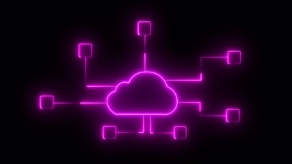 Cloud computing for data storage and transfer for safety, Cloud icon with data icon on the background world map, Futuristic technology global network data connection. neon glowing line animation line