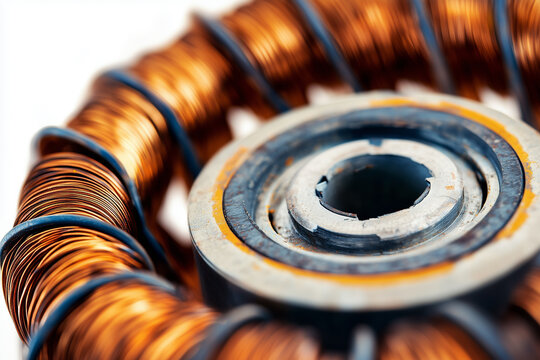 Close Up Of Copper Coil Winding In Industrial Machinery