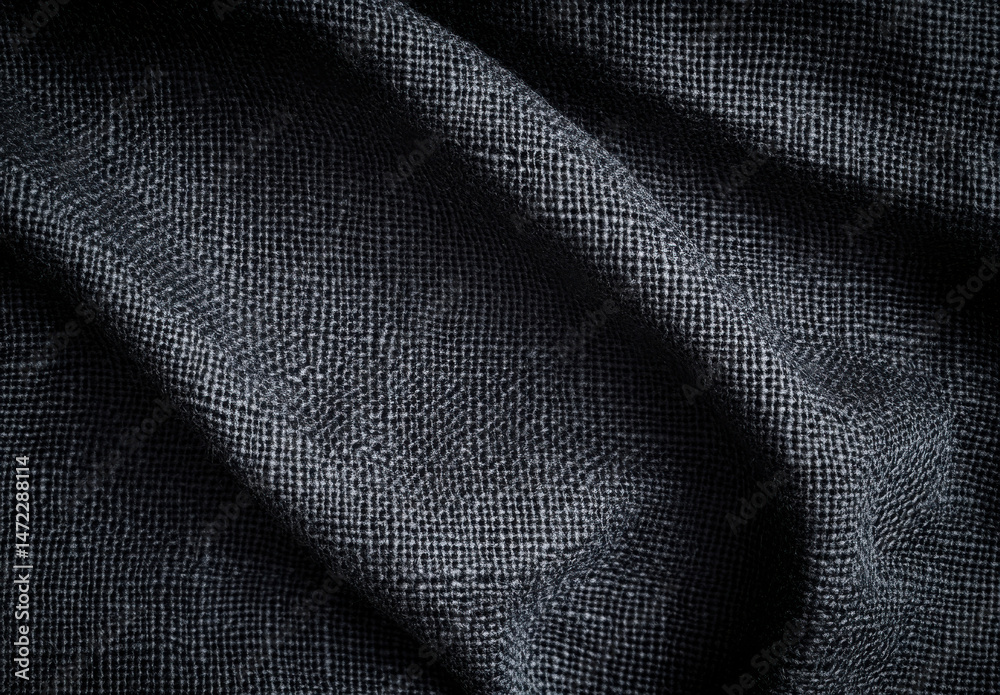 Poster Close-up view of dark gray textured fabric with subtle pattern, showing soft folds and shadows, ideal for fashion or textile design projects. : Generative AI
