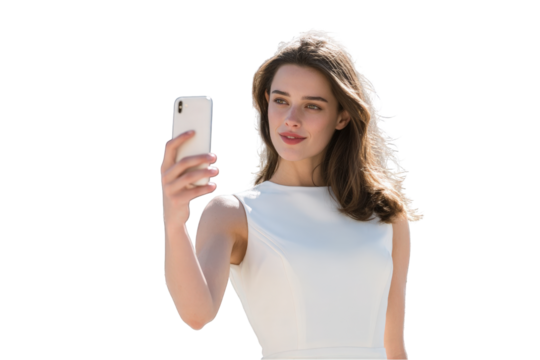 Young attractive woman in white dress taking selfie photo with smartphone outdoors on sunny day girl on transparent background