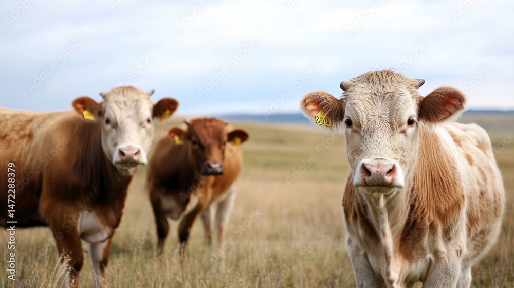 Aufkleber three young brown and white cows stand in a field, one looking directly at the camera, under a cloud