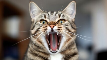 Naklejka premium Close-up portrait of a tabby cat with its mouth wide open, showing teeth and pink tongue. The cat's fur is brown and gray, and its eyes are bright green. : Generative AI