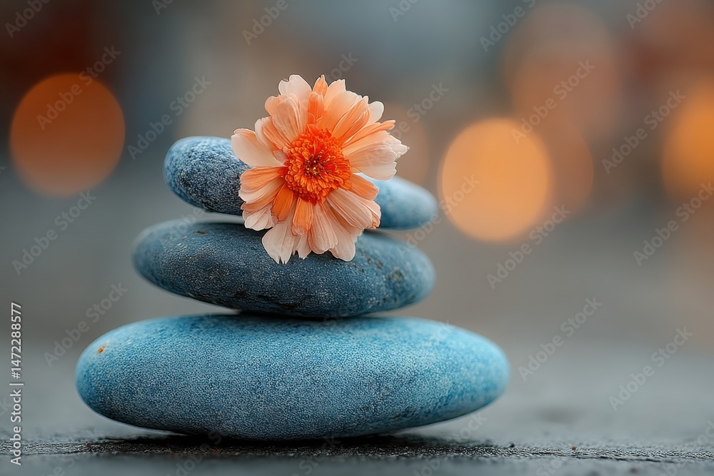 Poster serene stack of blue stones topped with a delicate peach flower, a symbol of tranquility and balance