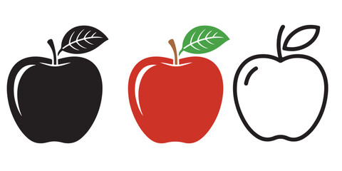 Apple Icon Set Red Black White Outline Graphic Design Element, Apple Icons Set Outline Black Red Green Variations, Black Apple Silhouettes