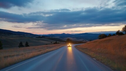 Naklejka premium A lone car drives along a winding mountain road at sunset, the warm light illuminating the landscape and casting long shadows. : Generative AI
