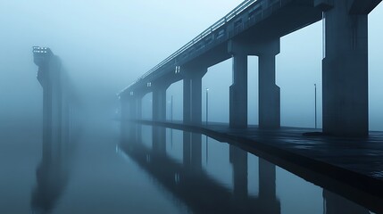 Misty morning bridge reflection