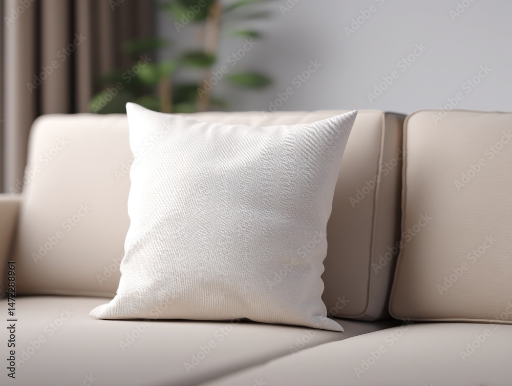 Poster A crisp white cushion rests on a beige sofa, creating a minimalist and serene living room atmosphere.  The soft texture of the fabric is subtly highlighted against the neutral backgrou : Generative AI