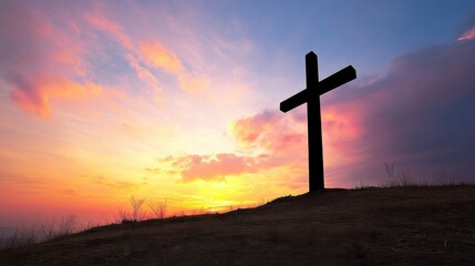 Silhouette of a large wooden cross standing on a hilltop at sunset, with vibrant pink, orange, and purple clouds in the sky. : Generative AI
