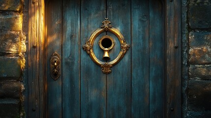 Aged wooden door with ornate keyhole
