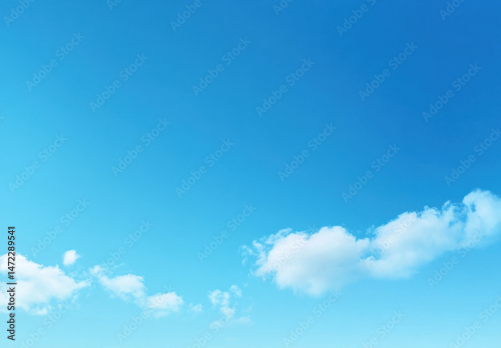 Poster a serene summer sky, vibrant blue canvas dotted with fluffy white cumulus clouds, creating a peacefu