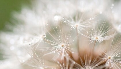 Naklejka premium Captivating close-up of dewy dandelion seeds natural garden setting macro photography soft focus beauty and nature