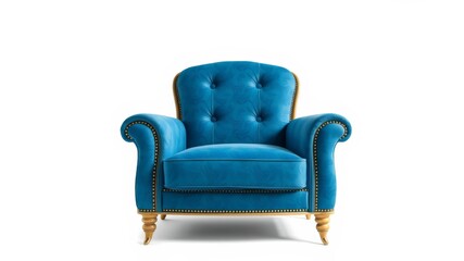 A luxurious teal velvet armchair with button tufting and elegant gold wooden legs sits against a white background.