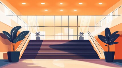 Naklejka premium Modern entrance with stairs and potted plants in bright orange tones showcasing a stylish design