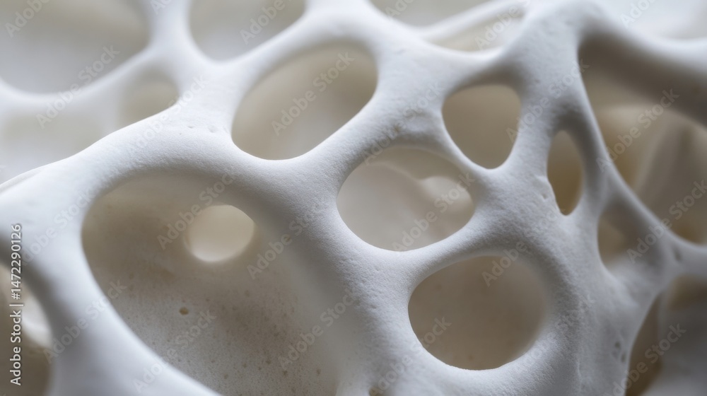 Poster close-up view of a porous, off-white, organic-looking structure with irregular holes and cavities, r