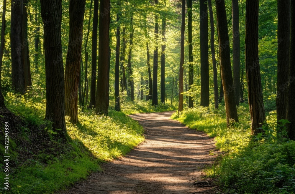 Leinwandbilder Sunlit path winding through a lush green forest, sunlight dappling the ground and tree trunks, creating a tranquil and peaceful atmosphere. : Generative AI