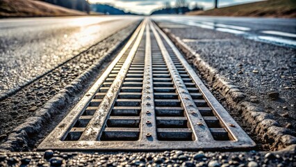 Fototapeta premium Roadway Drainage System Detail Close-up View of Metal Grate and Asphalt