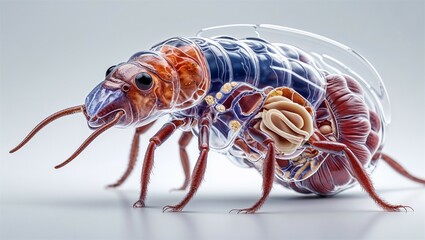Microscopic rotifer in feeding pose with active corona and visible internal organs, isolated on white background
