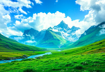 Fototapeta premium Peaceful Mountain Valley with Flowing Clear Stream