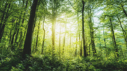 Fototapeta premium Beautiful sunlight in green forest. Majestic morning rays in tranquil forest hiking pathway. Green nature calming summer warm day. Scenic forest of fresh green deciduous trees, recreational landscape.