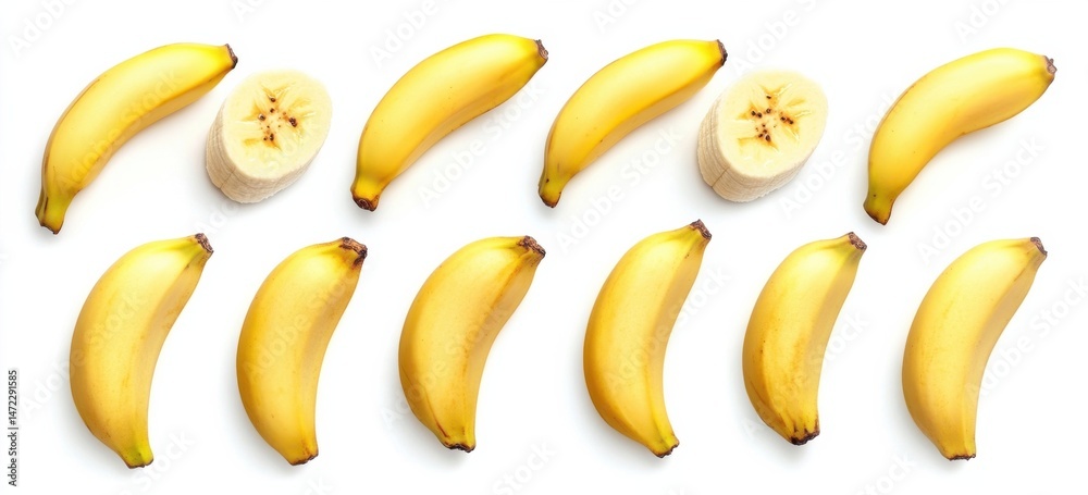 Poster ten ripe yellow bananas arranged in two rows, with two banana slices in the center, isolated on a wh