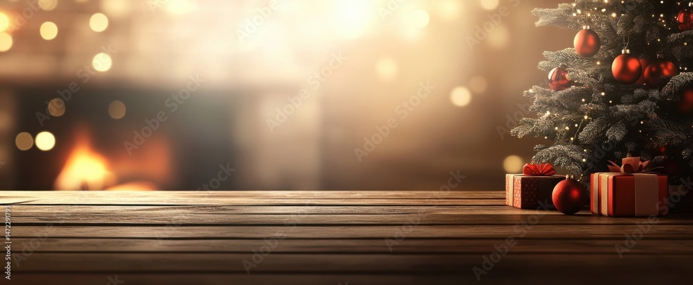 Poster christmas presents sit on a rustic wooden table beneath a decorated fir tree, with a blurred firepla