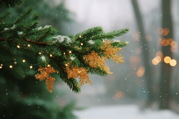 Snowy Christmas Tree Branch with Golden Ornaments
