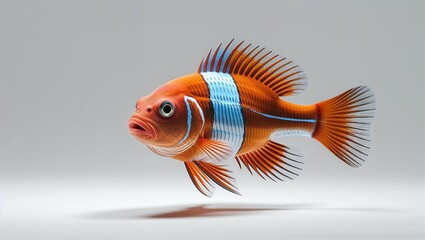 Fototapeta premium Photorealistic clown loach in relaxed swim pose with orange stripes and fins down, white