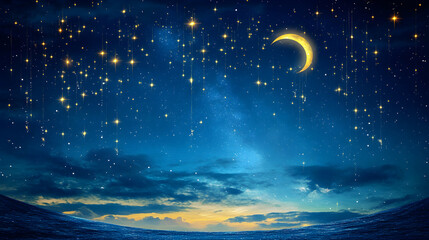 Fototapeta premium Celestial Night Sky with Moon and Twinkling Stars Over Ocean