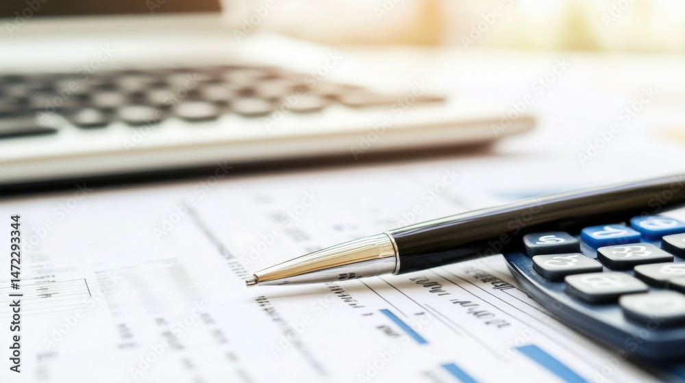 Poster closeup of a silver pen resting on financial documents near a calculator and blurred laptop, suggest